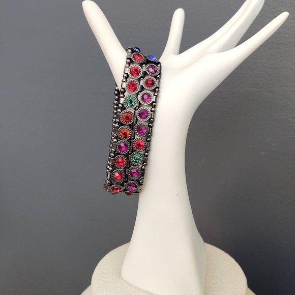 Hematite stretch bracelet with jewel toned beads - Picture 2 of 10